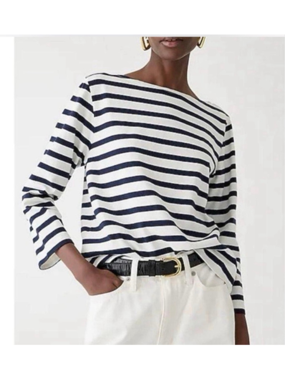 J.Crew Striped Top Women Size S Navy White Boat Neck 3/4 Sleeve Cotton Shirt